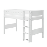 Cama alta 143 cm con escalera y barrera de seguridad, 90x200 cm, Blanco