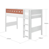 Lit haut 143 cm avec échelle et barrière de sécurité, 90x200 cm, Blanc