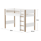 High Bed 143 cm with Ladder and Safety Rail, 90x200 cm, White/Oak