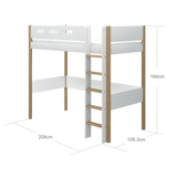 High Bed 184 cm with Ladder and Safety Rail, 90x200 cm, White/Oak