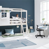 Hoogslaper 120 cm met 1/2 huis, ladder en veiligheidsrek, 90x200 cm, Wit