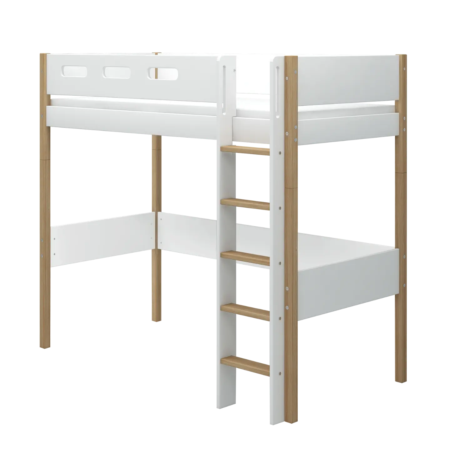 NOR High Bed 90x200 White/Oak — 184 cm, Ladder & Safety Rail – FLEXA
