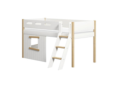 Cama media-alta, escalera inclinada y frontales de cama para casa del árbol, marco de roble
