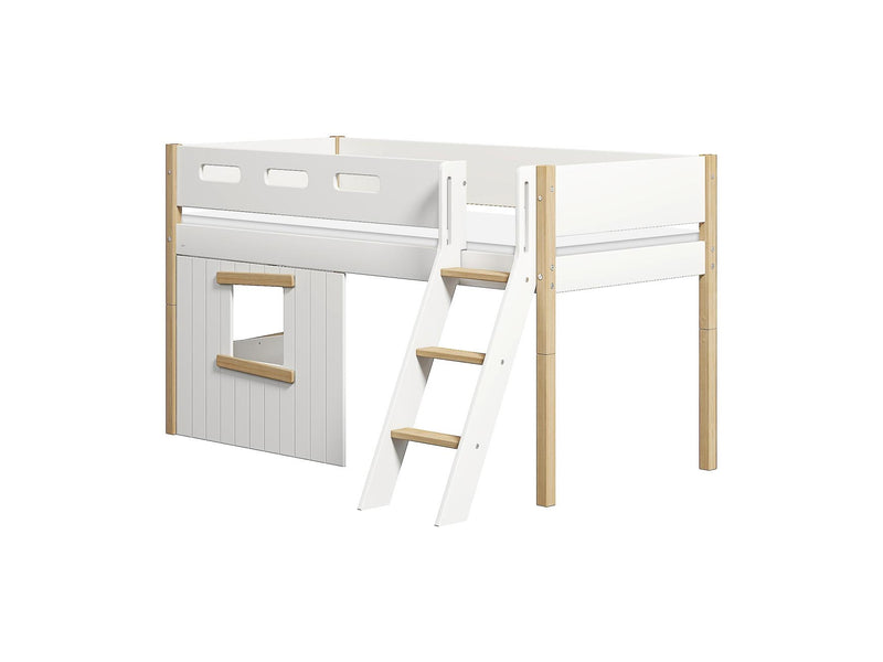 Cama media-alta, escalera inclinada y frontales de cama para casa del árbol, marco de roble