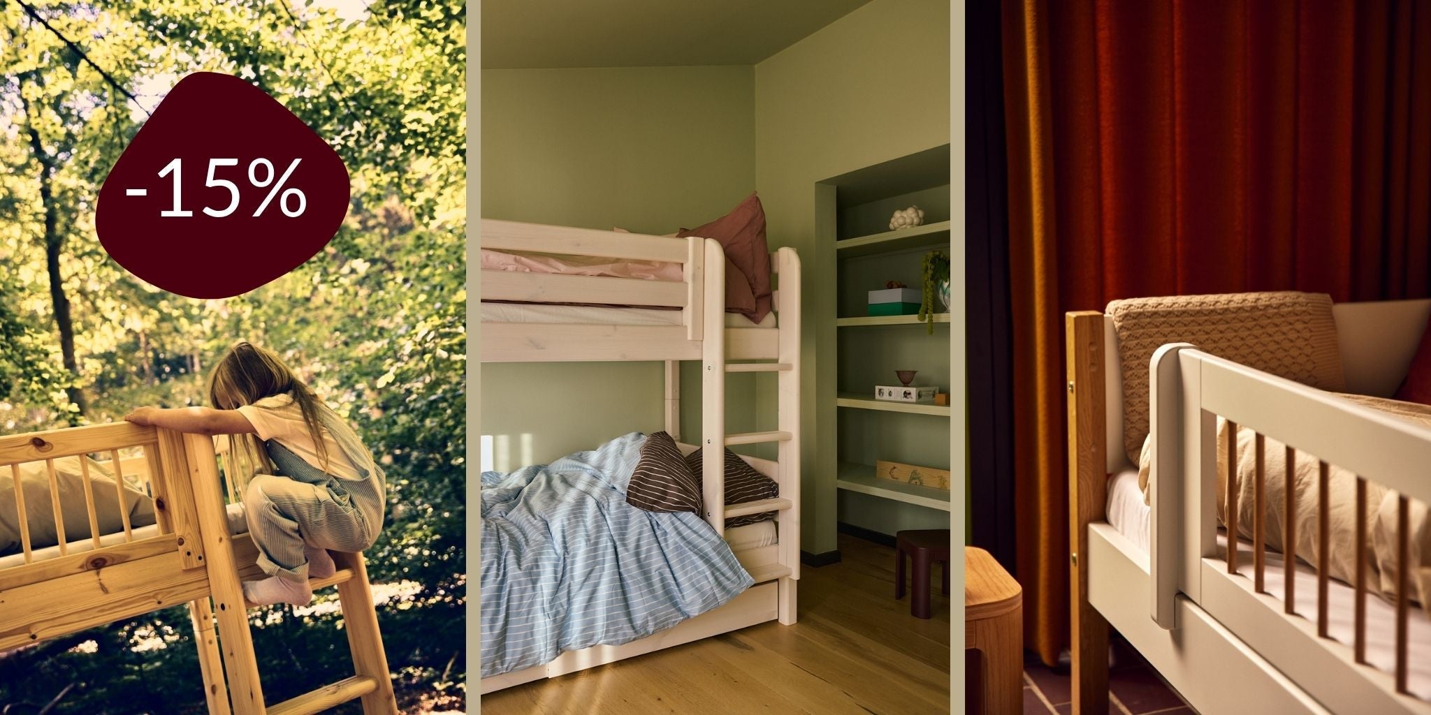 Collage of kids beds: a child climbs a wooden bunk bed outdoors with a -15% label, a cozy room with a bunk bed and blue bedding, and a bed beside red curtains and a pillow.