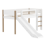 Cama alta 120 cm con tobogán, escalera y barrera de seguridad, 90x200 cm, Blanco/Roble