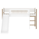 Cama alta 120 cm con tobogán, escalera y barrera de seguridad, 90x200 cm, Blanco/Roble
