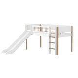 Cama alta 120 cm con tobogán, escalera y barrera de seguridad, 90x200 cm, Blanco/Roble