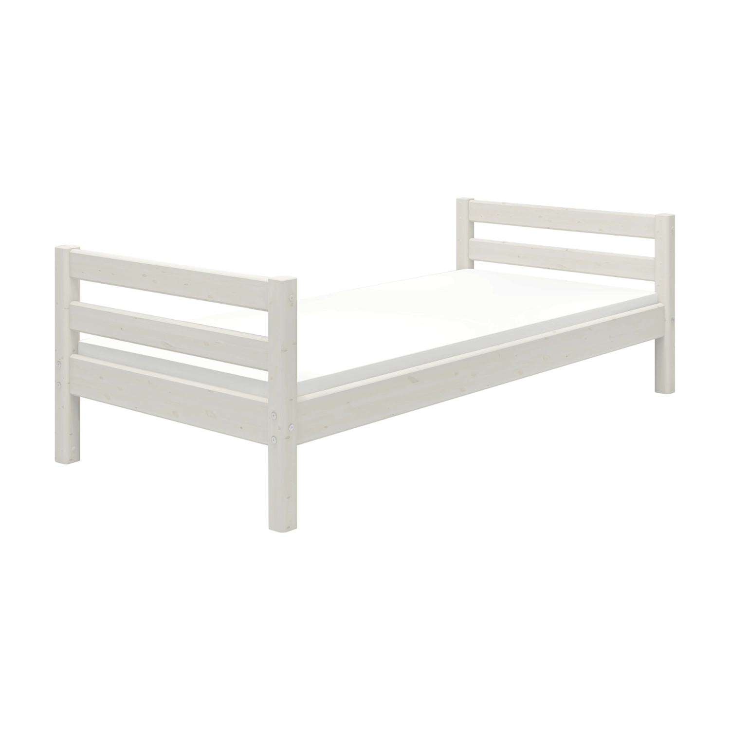 FLEXA WHITE enkeltseng, 90 x 200 cm, i skandinavisk stil med lamellbund og madras, vist i et børneværelse.