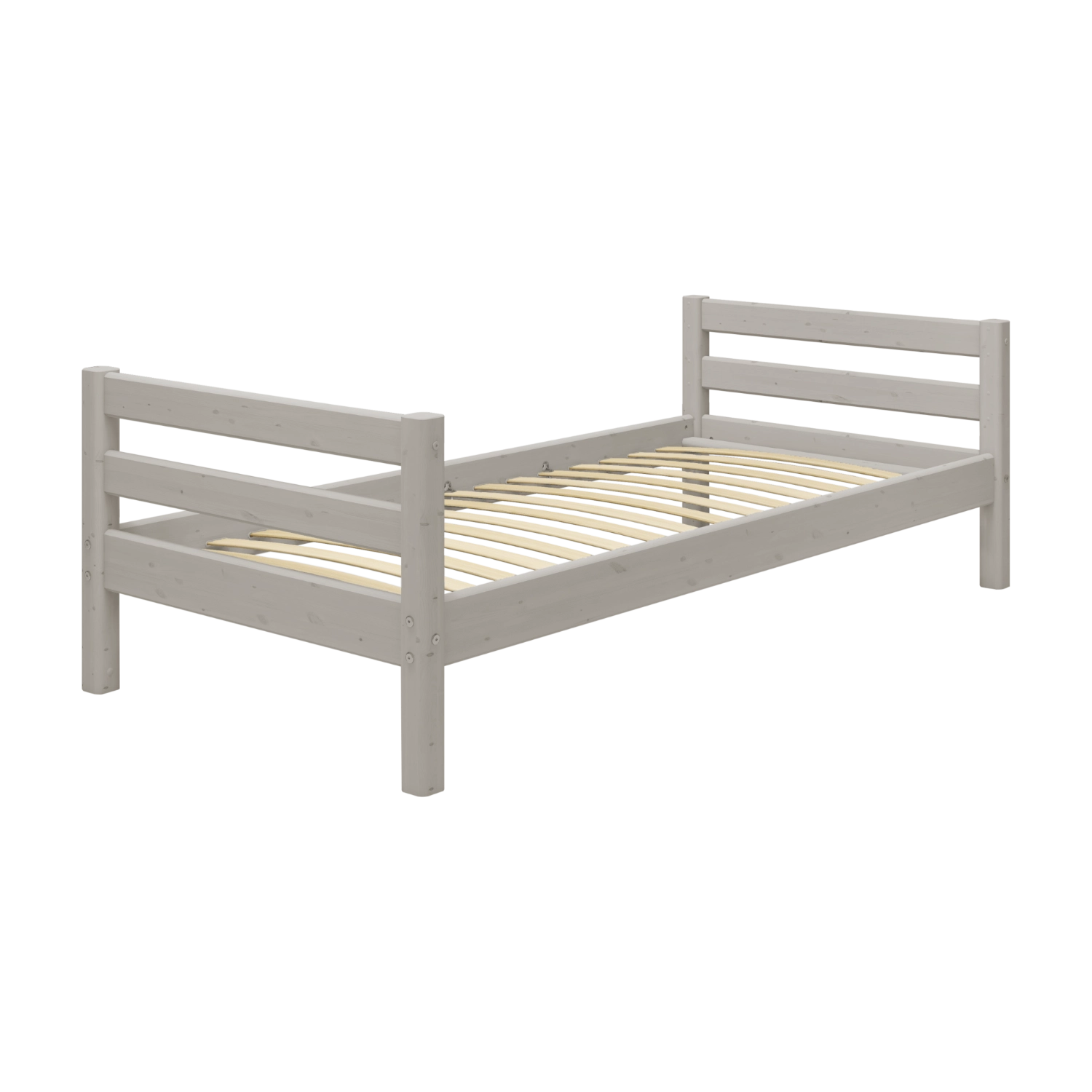FLEXA single bed, CLASSIC range, grey finish, slatted base; child-safe edges; suited for a child’s room; white backdrop.