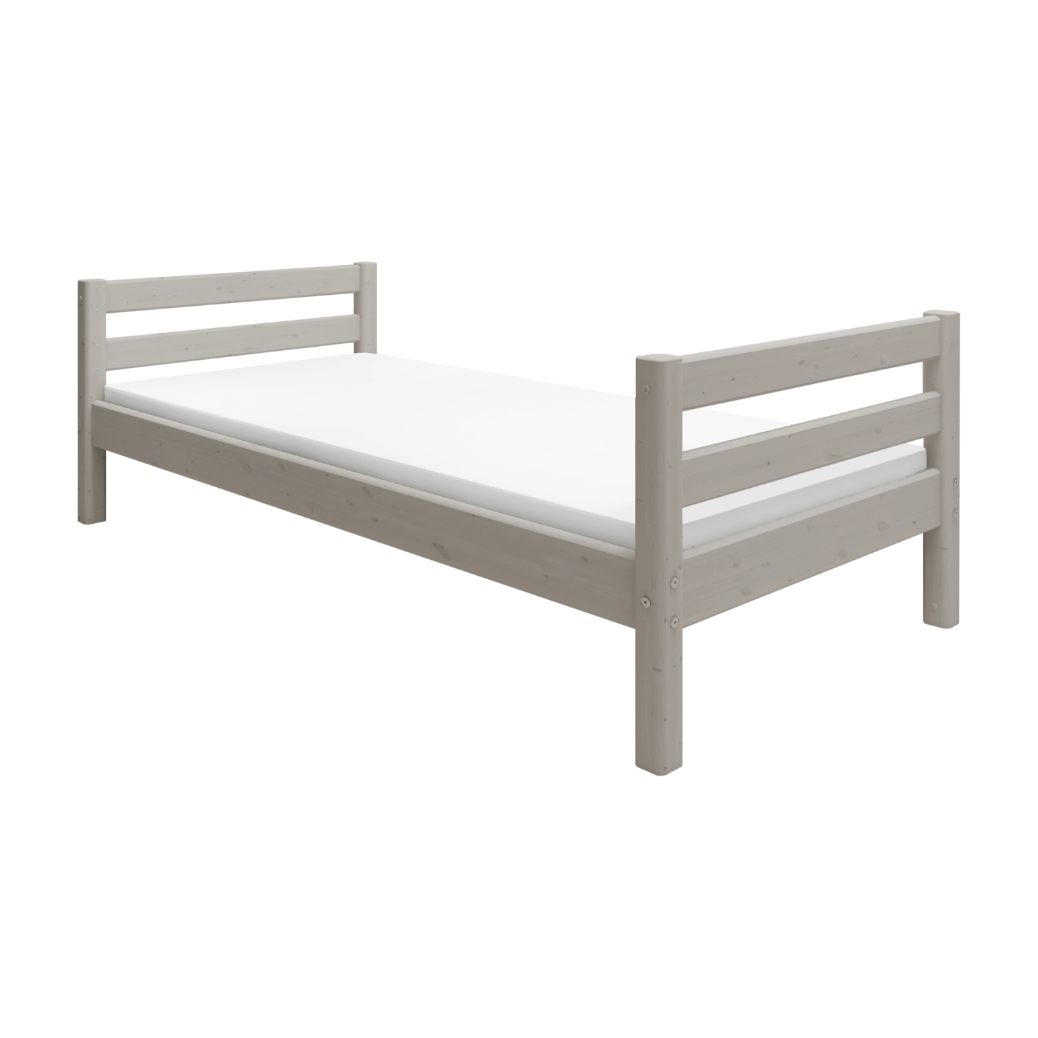 FLEXA bed from CLASSIC collection, grey wood, slatted headboard, child-safe corners, shown in a child’s bedroom.