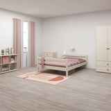 FLEXA SINGLE BED 140x200cm in white with pink curtains, light wood, and wardrobe in a child’s minimalist bedroom.