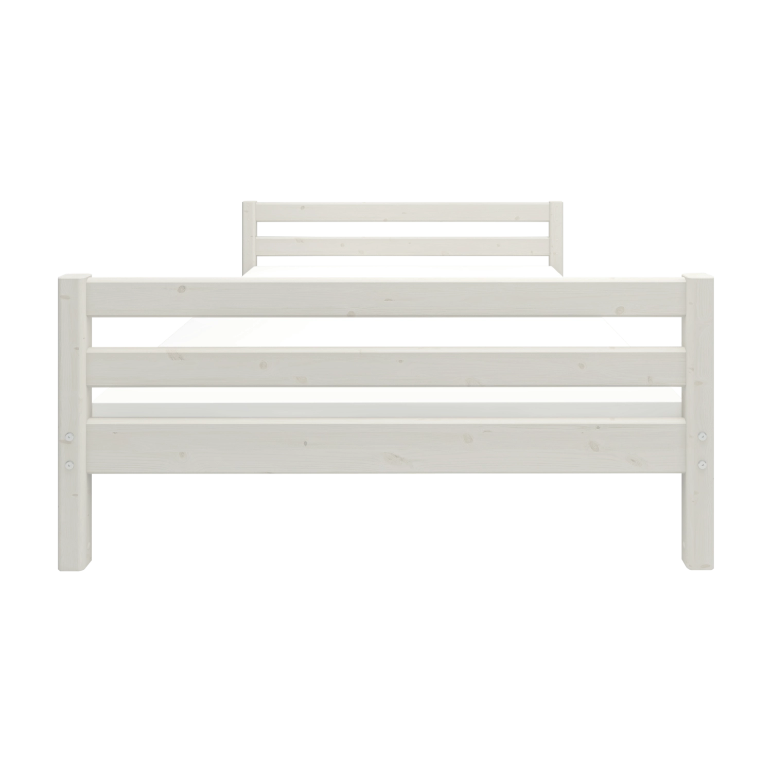 FLEXA single bed from the WHITE collection, 140x200 cm, white pine with slat headboard and footboard, shown front on.