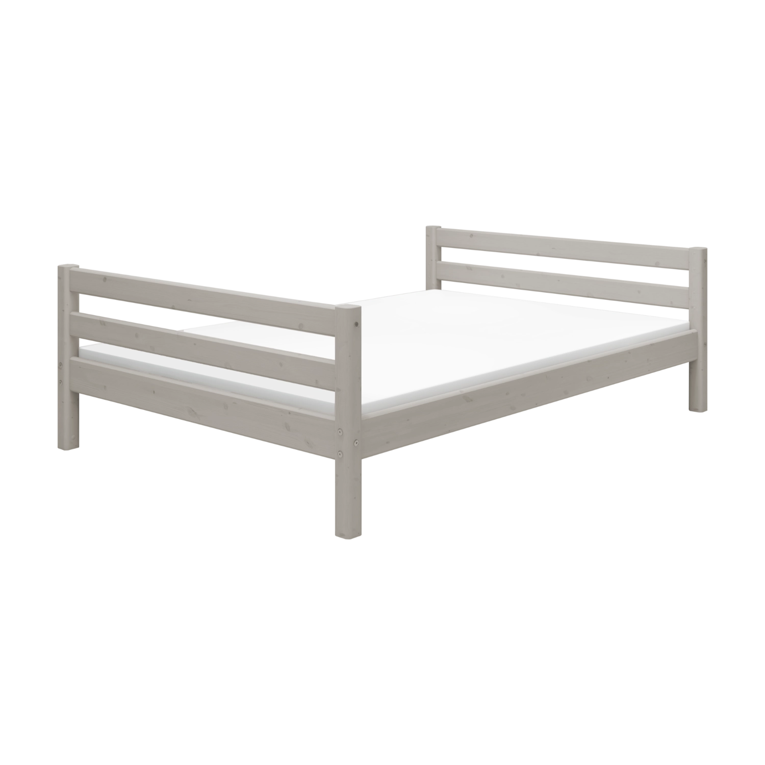 Cama individual gris FLEXA con listones horizontales y bordes seguros para los niños, mostrada sobre un fondo blanco.