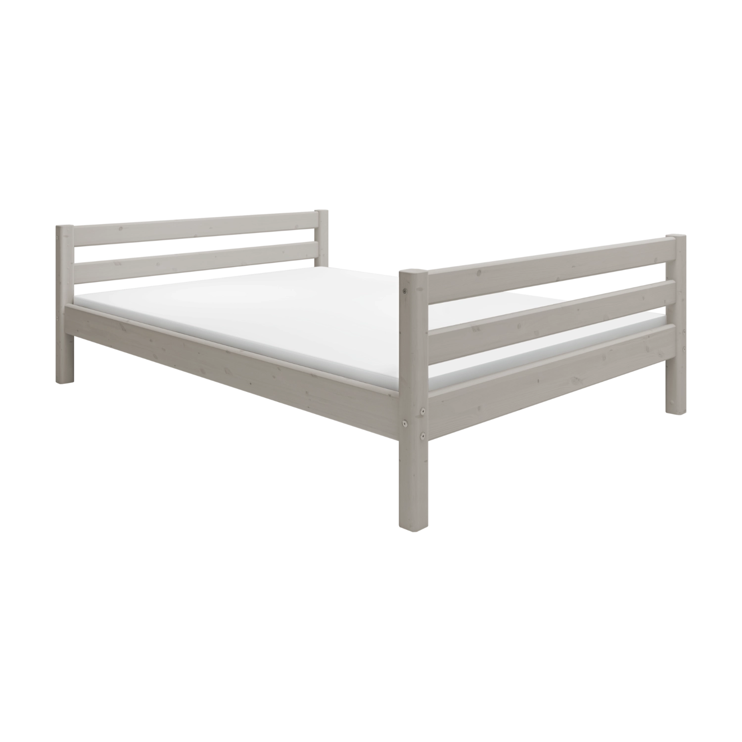 Cama individual FLEXA de la colección FLEXA en color gris, de 140 x 200 cm, con listones horizontales, mostrada sobre fondo blanco.