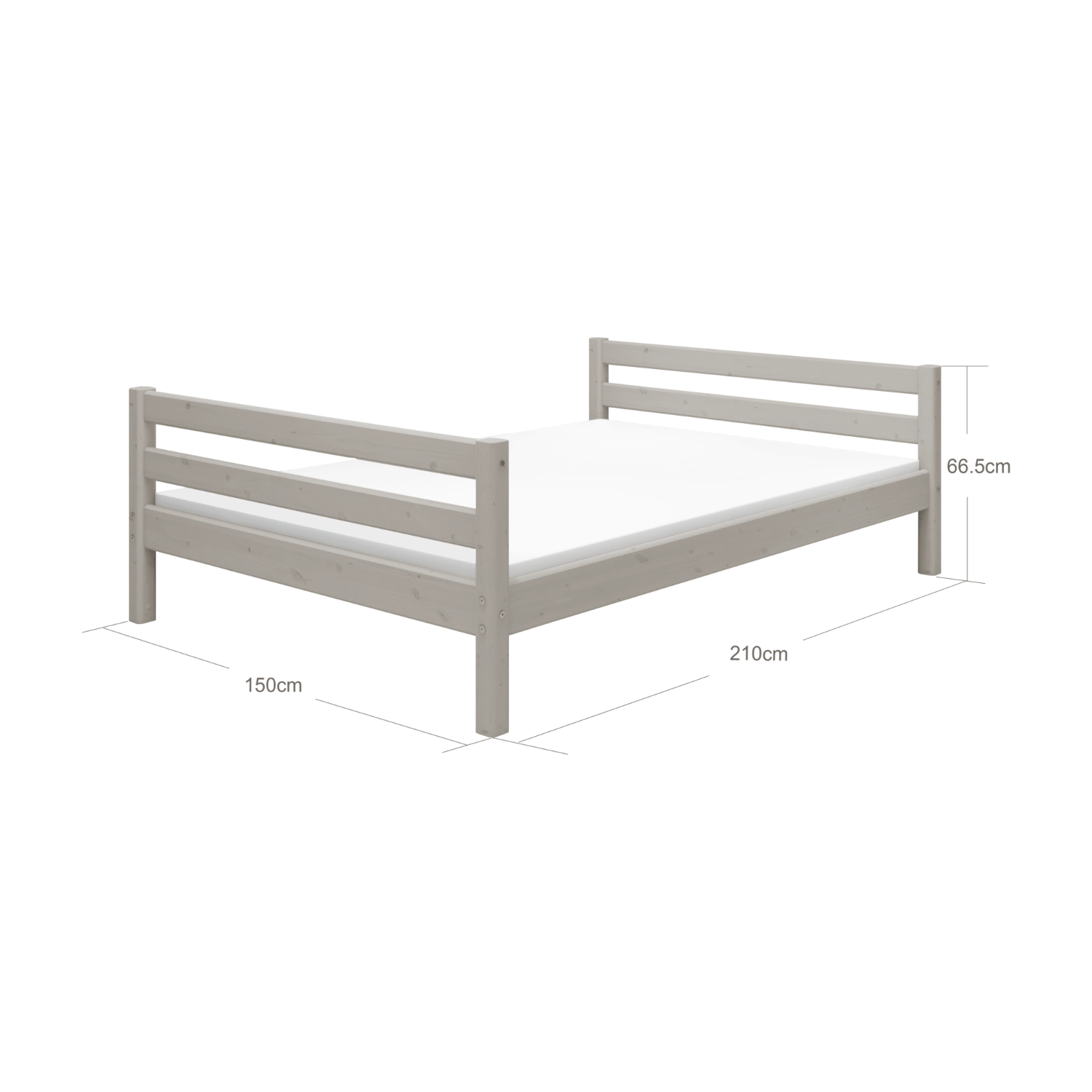 Cama individual FLEXA, estructura GRIS con cabecero y piecero, mostrada en una habitación infantil, con bordes redondeados para mayor seguridad, 140 x 200 cm.
