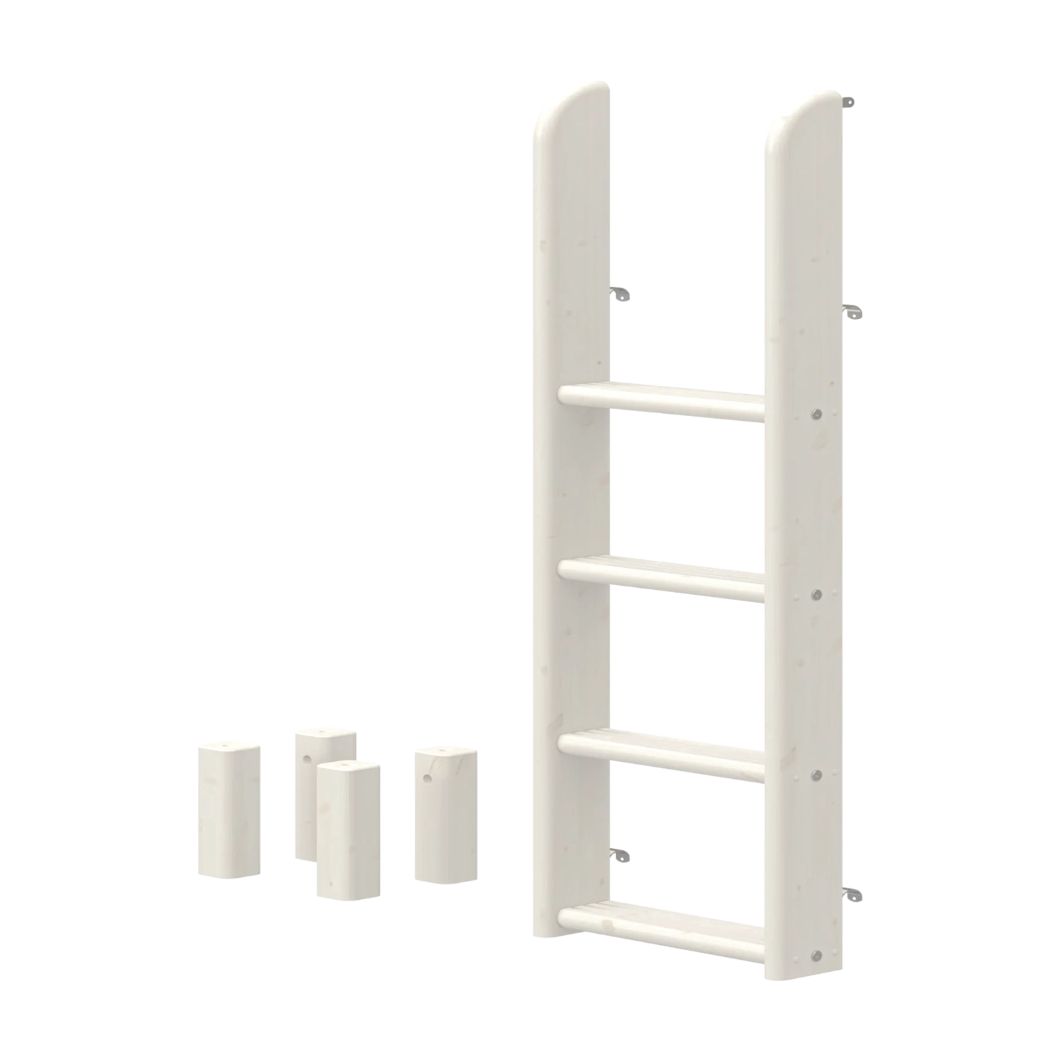 Escalera y patas FLEXA WHITE para litera, cuatro peldaños antideslizantes, diseño seguro para niños, mostradas sobre un fondo liso.