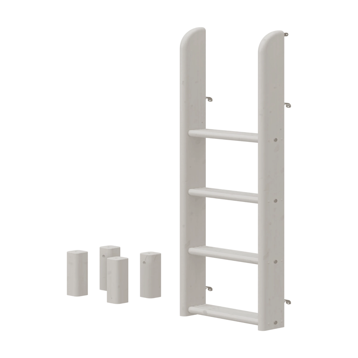 FLEXA grey bunk bed ladder and legs, anti-slip steps, rectangular block accents; child-safe design for kids’ room.