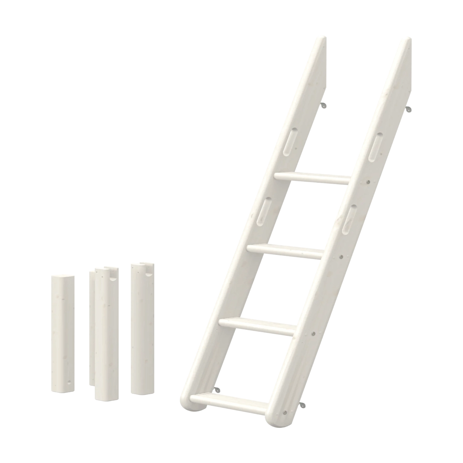 FLEXA slanting ladder, CLASSIC collection, white wood, four rungs and three extension cylinders for bunk bed safety.