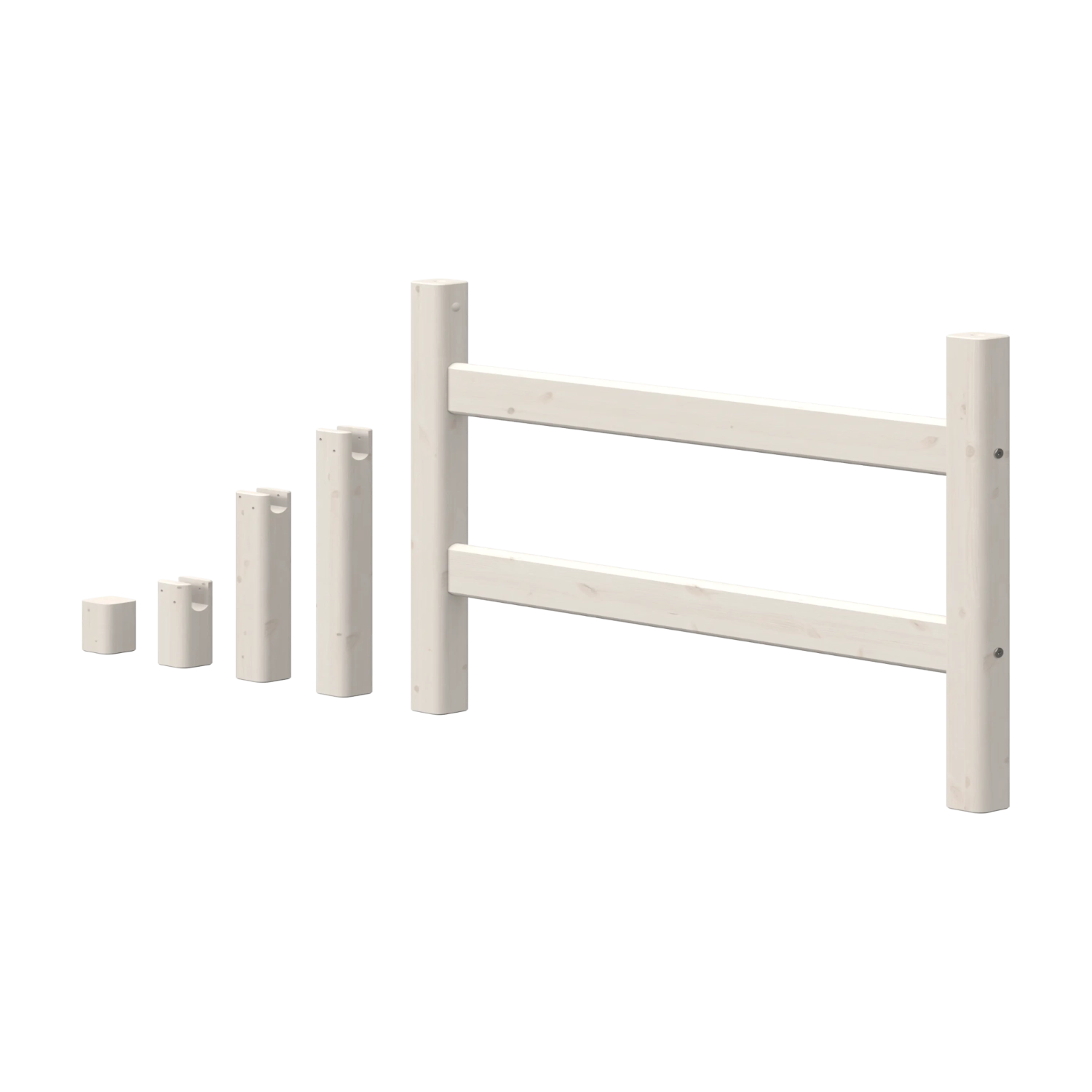 Juego de cinco patas de cama FLEXA blancas, de la colección HIGH, con diseño seguro para niños, para la habitación infantil, mostradas sobre un fondo blanco liso.