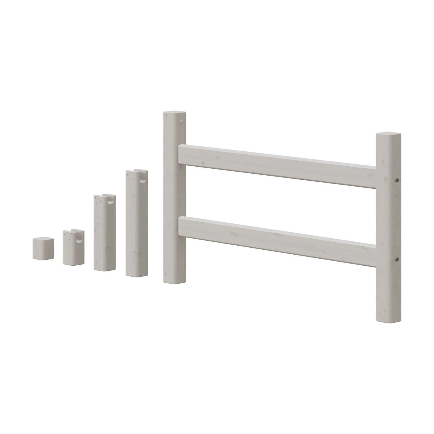 FLEXA grey bed legs (143 cm) with visible child-safe design, next to white pinewood rail; suitable for children’s rooms.