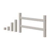 FLEXA grey bed legs (143 cm) with visible child-safe design, next to white pinewood rail; suitable for children’s rooms.