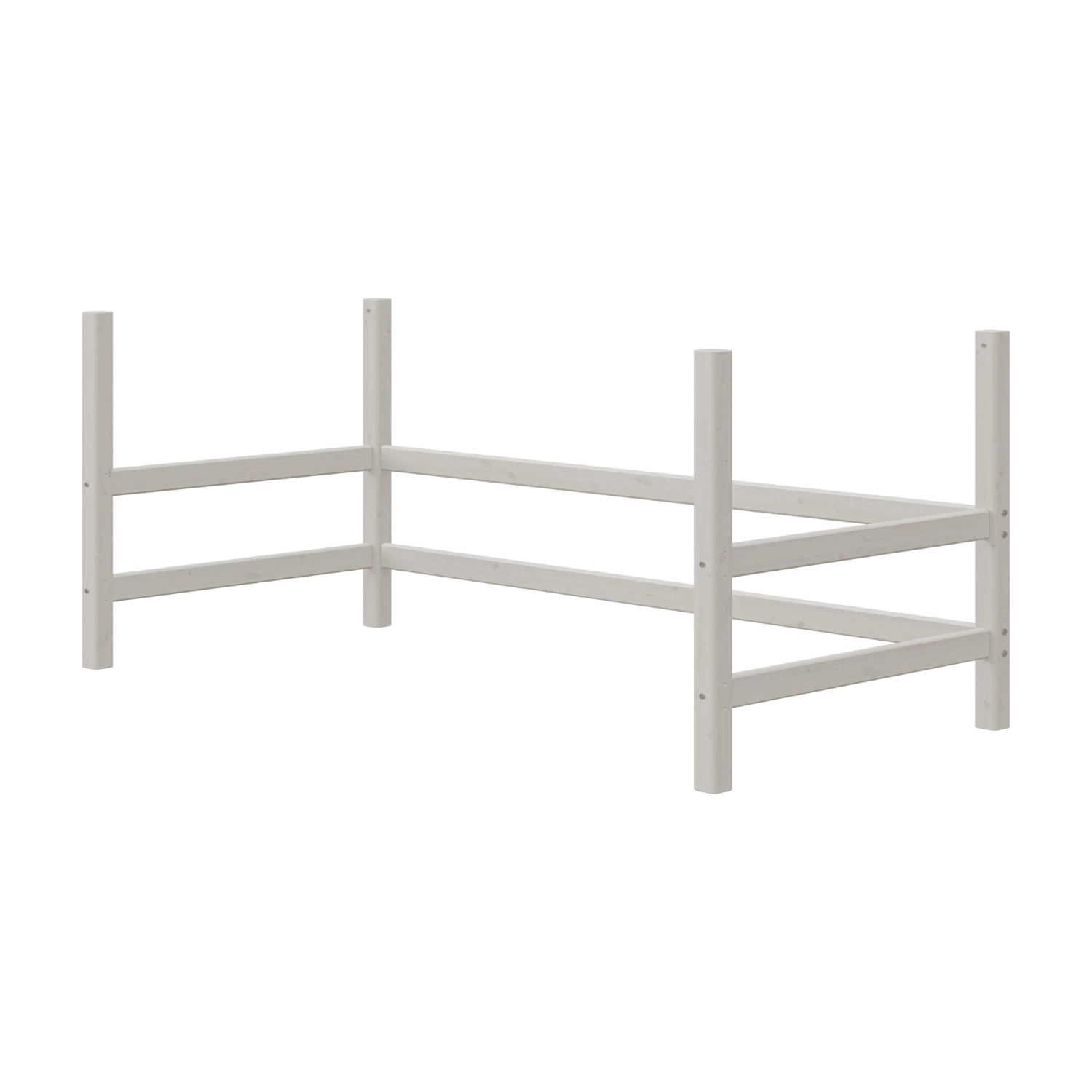 Patas de cama FLEXA HIGH en color gris de la colección CLASSIC; se muestran cuatro postes altos; bordes seguros para los niños; no se muestra el colchón.