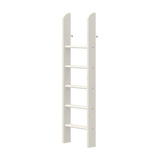Cama alta blanca FLEXA con escalera recta de cinco peldaños, bordes seguros para los niños, colocada en posición vertical contra una pared de color neutro.