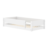 Cama Montessori con barrera de seguridad frontal con ranuras, 90x200 cm, blanco