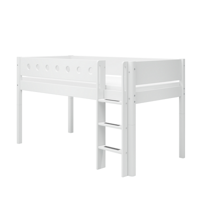 Mid-high Bed with Straight Ladder and Safety Rails, 90x200 cm, White