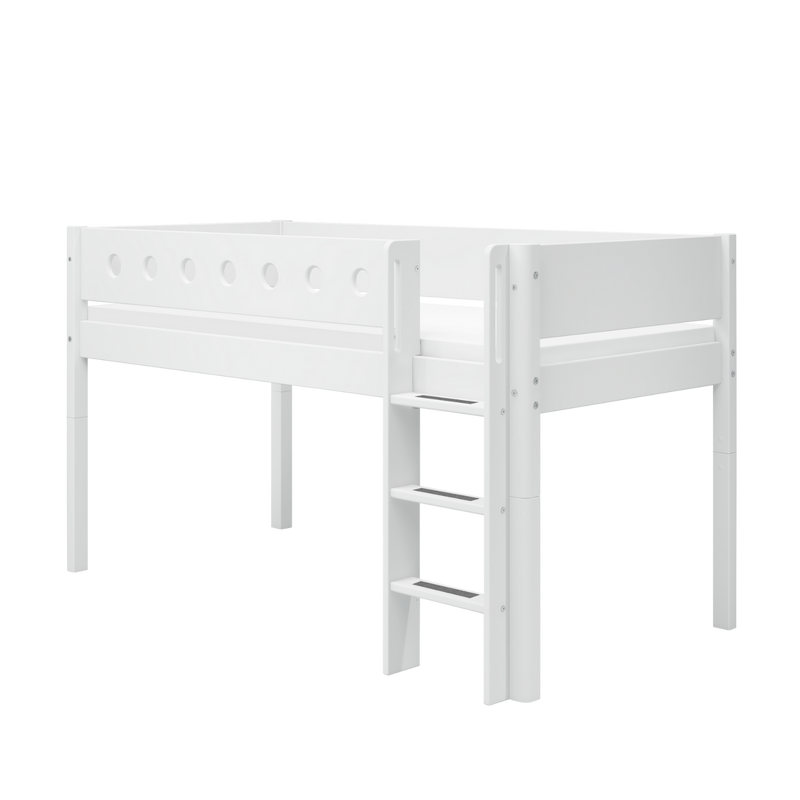 Mid-high Bed with Straight Ladder and Safety Rails, 90x200 cm, White