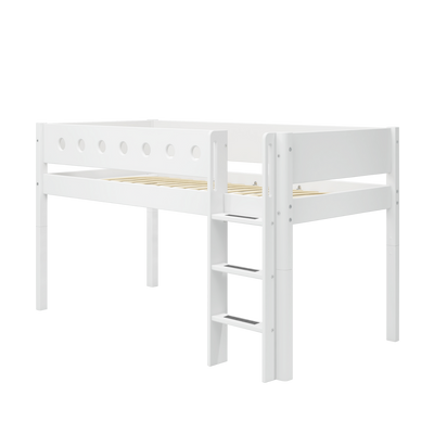 Mid-high Bed with Straight Ladder and Safety Rails, 90x200 cm, White