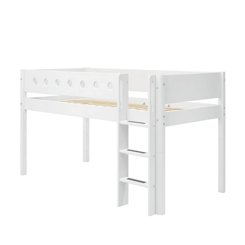 Mid-high Bed with Straight Ladder and Safety Rails, 90x200 cm, White