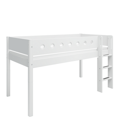 Mid-high Bed with Straight Ladder and Safety Rails, 90x200 cm, White