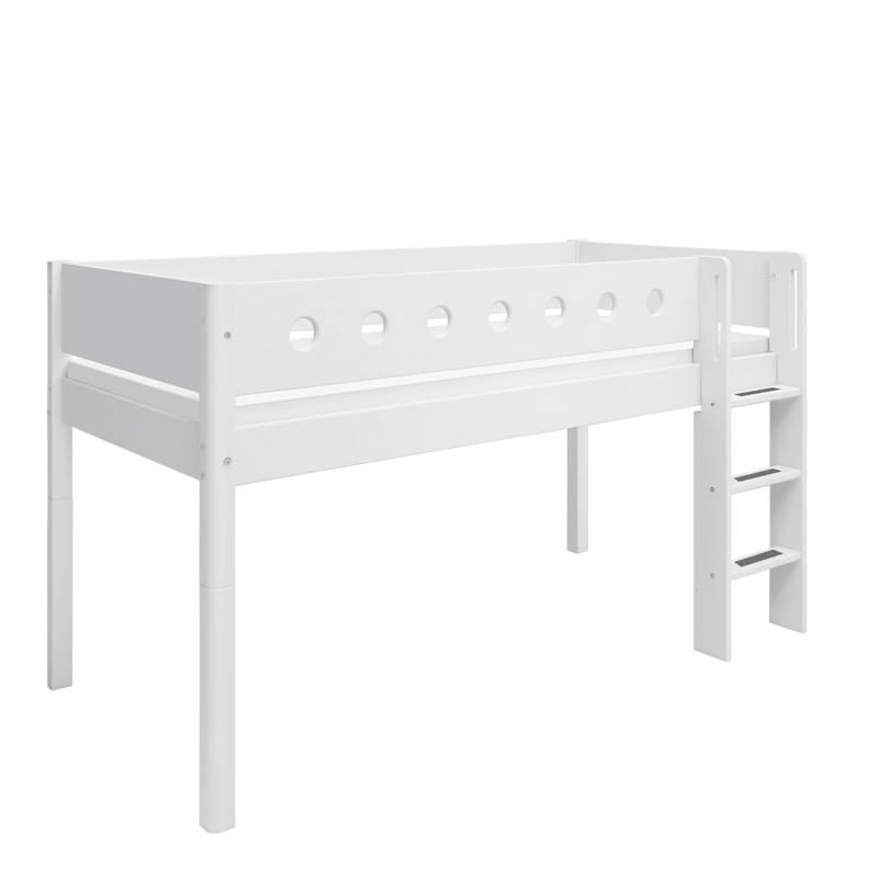 Mid-high Bed with Straight Ladder and Safety Rails, 90x200 cm, White