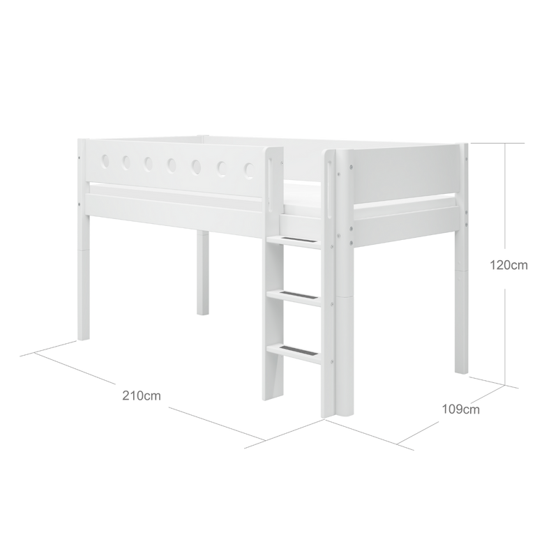 Mid-high Bed with Straight Ladder and Safety Rails, 90x200 cm, White