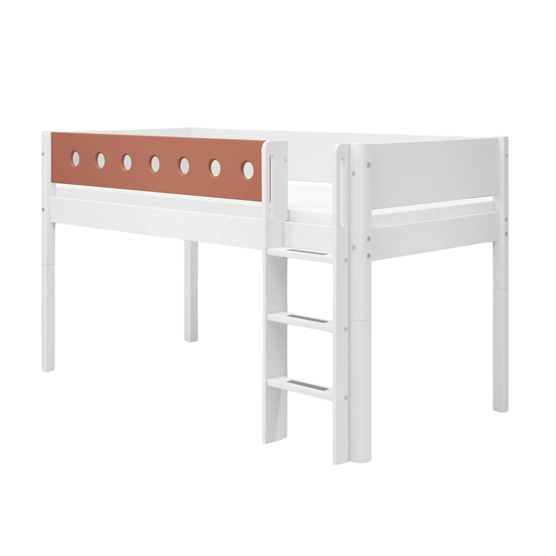 Mid-high Bed with Straight Ladder and Safety Rails, 90x200 cm, White/Blush