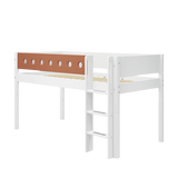 Mid-High Bed with Ladder and Safety Rail, 90x200 cm, White
