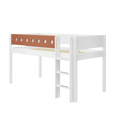 Mid-high Bed with Straight Ladder and Safety Rails, 90x200 cm, White/Blush