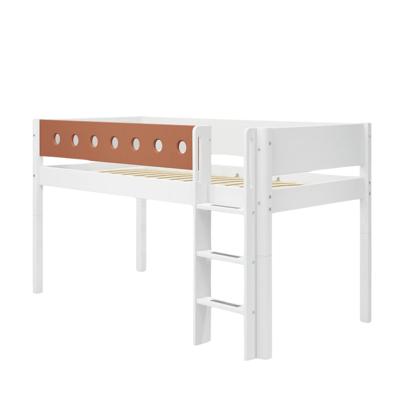 Mid-high Bed with Straight Ladder and Safety Rails, 90x200 cm, White/Blush