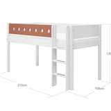 Mid-High Bed with Ladder and Safety Rail, 90x200 cm, White