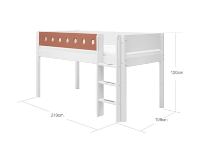 Mid-high Bed with Straight Ladder and Safety Rails, 90x200 cm, White/Blush