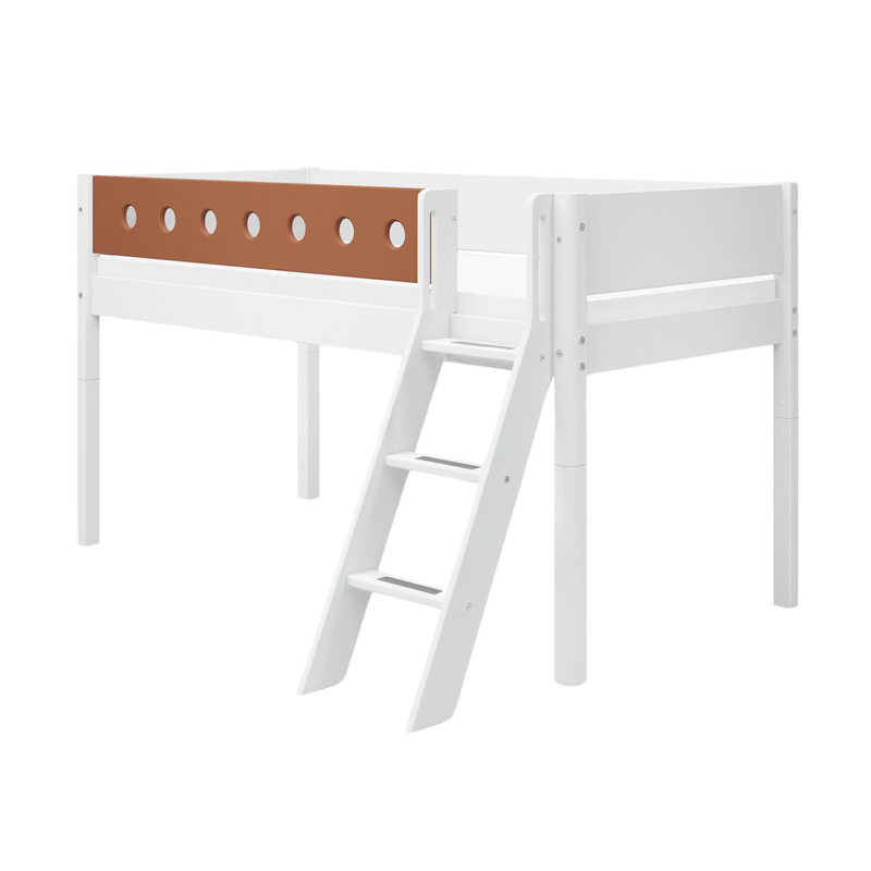 Mid-High Bed with Ladder and Safety Rail, 90x200 cm, White