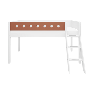 Mid-High Bed with Ladder and Safety Rail, 90x200 cm, White