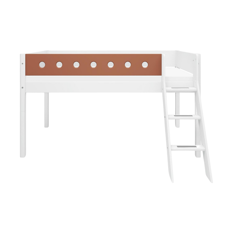 Mid-High Bed with Ladder and Safety Rail, 90x200 cm, White
