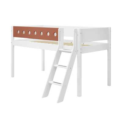 Mid-High Bed with Ladder and Safety Rail, 90x200 cm, White