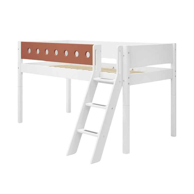 Mid-High Bed with Ladder and Safety Rail, 90x200 cm, White