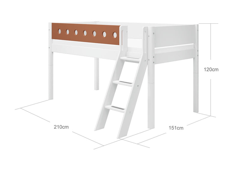 Mid-high Bed with Slanting Ladder and Safety Rail, 90x200 cm, White/Blush