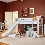 Mid-High Bed with Slide, Ladder and Safety Rail, 90x200 cm, White
