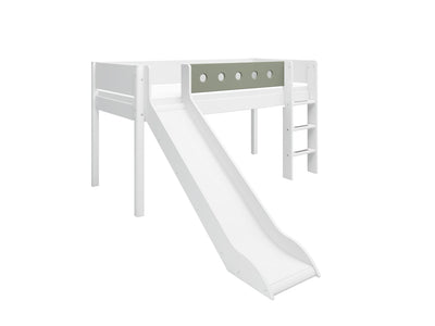 Mid-high Bed with Slide, Straight Ladder and Safety Rails, 90x200 cm, White/Natural Green